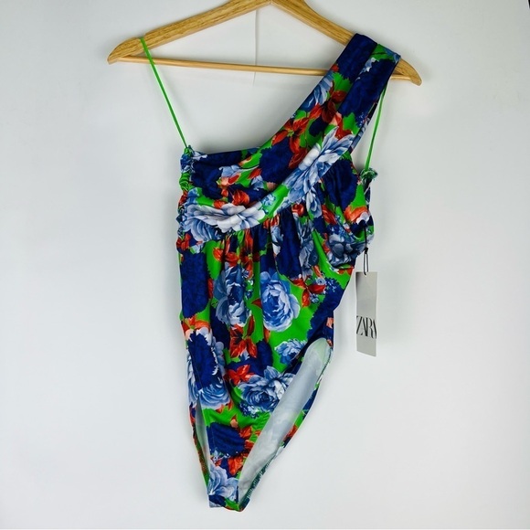 NWT Zara Floral Print One Shoulder Asymmetric Ruched Bodysuit Size M - Picture 4 of 8